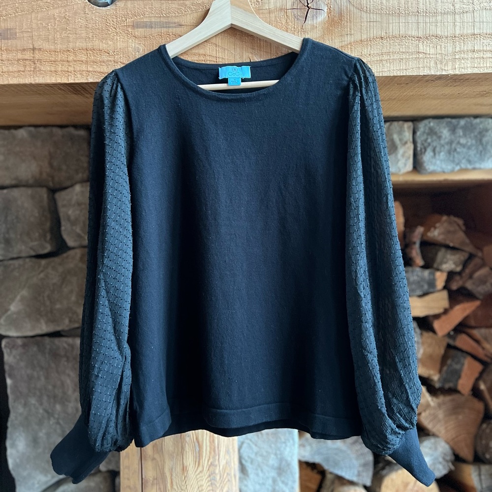 CeCe black sweater with sheer polka dot sleeves
